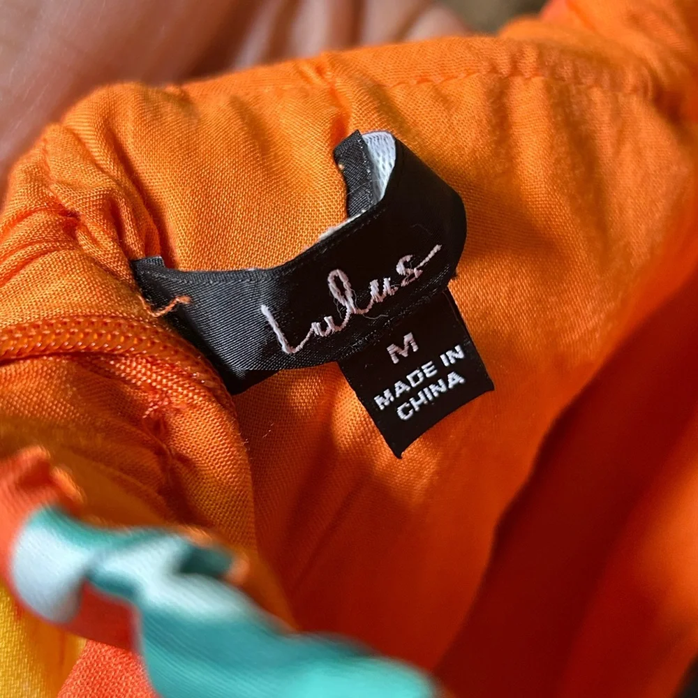 Lulu's  Leaf Print Jumpsuit Luxe Luau Orange Tropical Print Strapless Tie-Front - Picture 6 of 7
